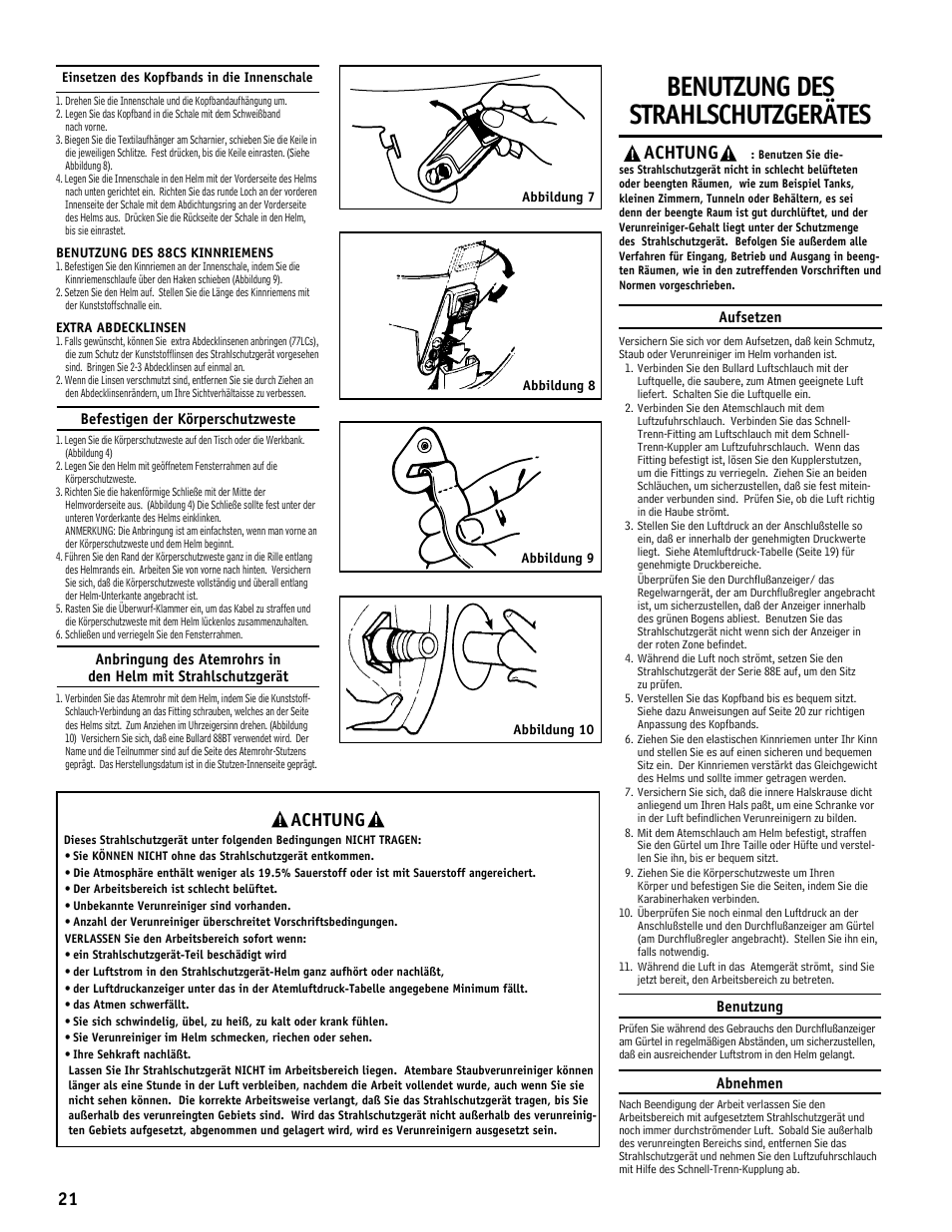Benutzung des strahlschutzgerätes, Achtung | Bullard 88E User Manual | Page 22 / 24