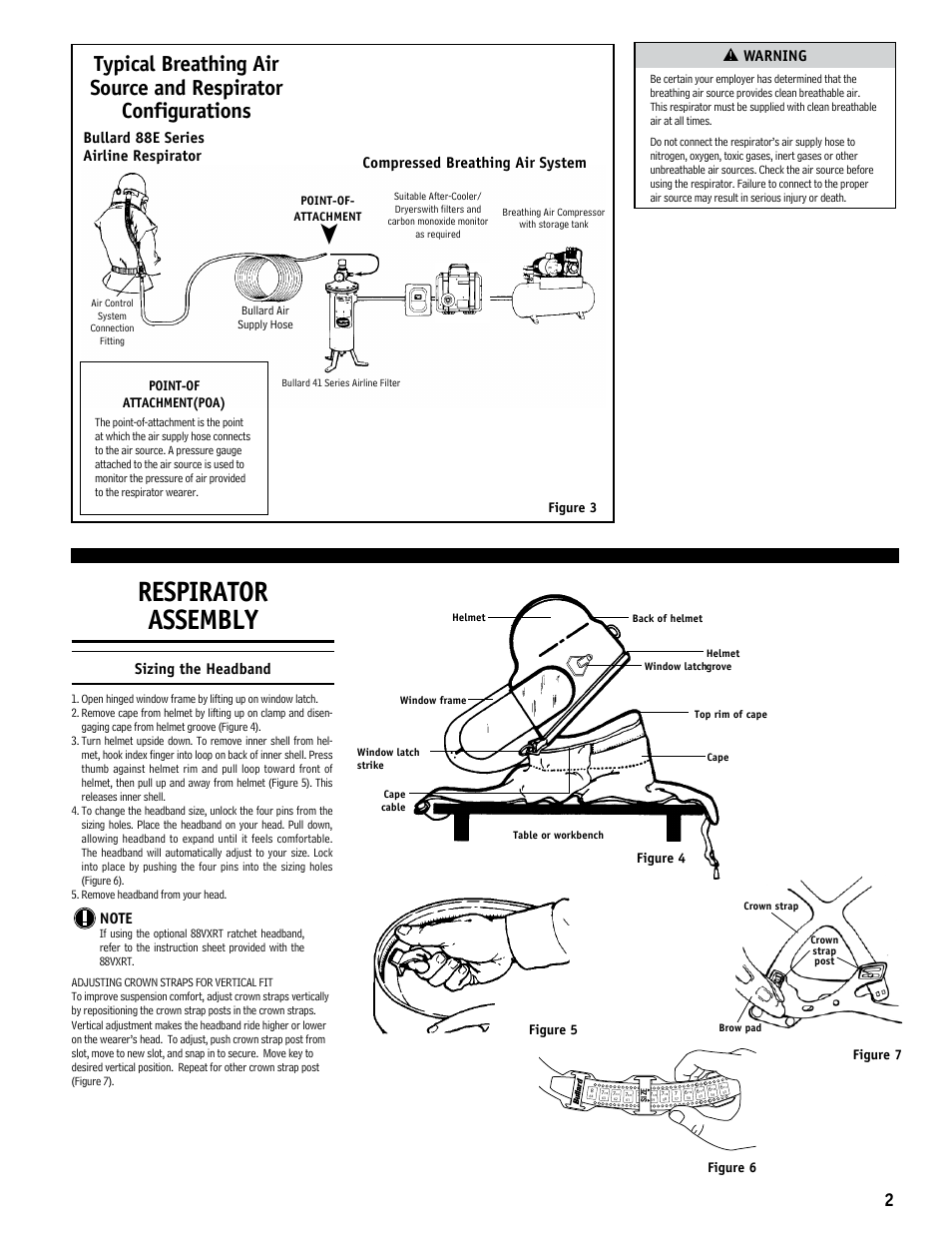 Respirator assembly, Bullard 88e series airline respirator, Compressed breathing air system | Sizing the headband, Warning, Figure 6, Figure 3, Point-of attachment(poa), Figure 4 figure 5 figure 7 | Bullard 88E User Manual | Page 3 / 24