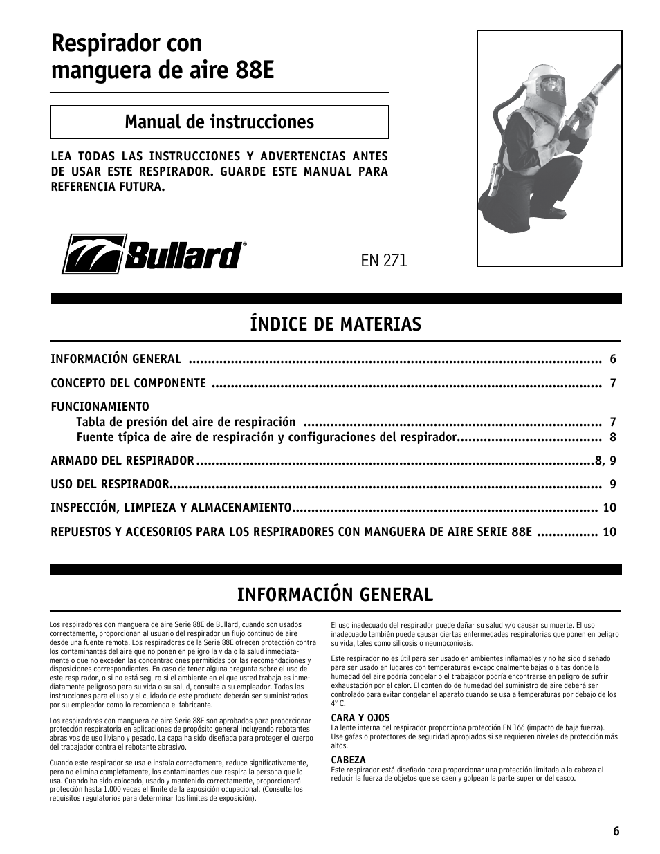 Respirador con manguera de aire 88e, Manual de instrucciones, Índice de materias | Información general, En 271 | Bullard 88E User Manual | Page 7 / 24