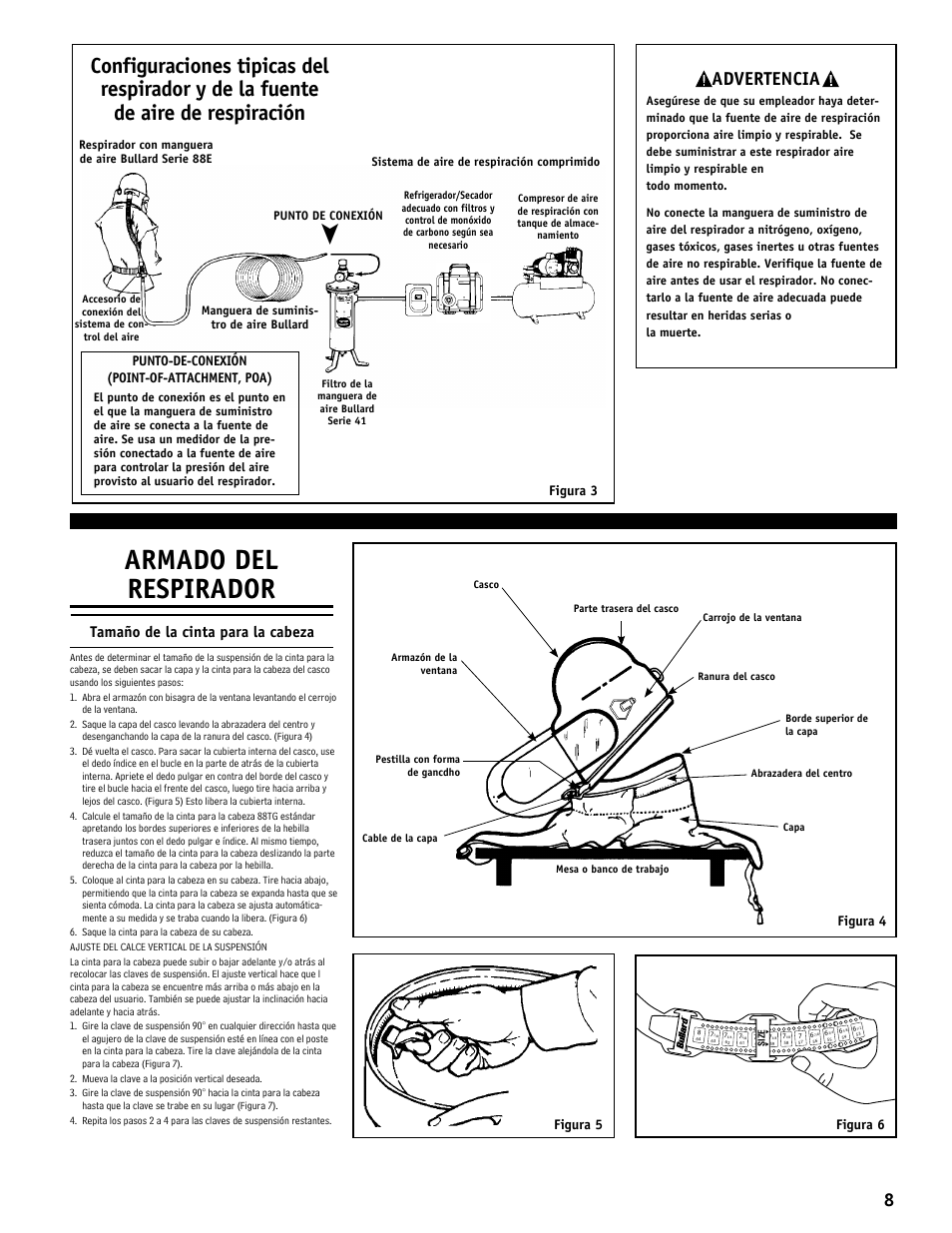 Armado del respirador, Advertencia, Tamaño de la cinta para la cabeza | Figura 3, Punto-de-conexión (point-of-attachment, poa), Figura 5 figura 4 figura 6 | Bullard 88E User Manual | Page 9 / 24