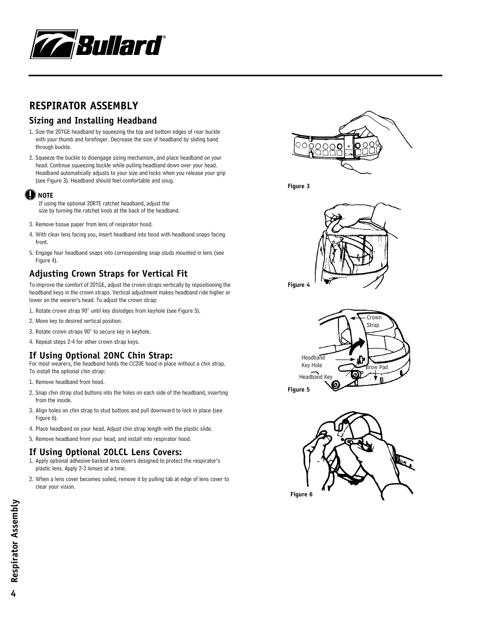 Respirator assembly, Respirator assembly 4, Sizing and installing headband | Adjusting crown straps for vertical fit, If using optional 20nc chin strap, If using optional 20lcl lens covers | Bullard CC20E User Manual | Page 4 / 8