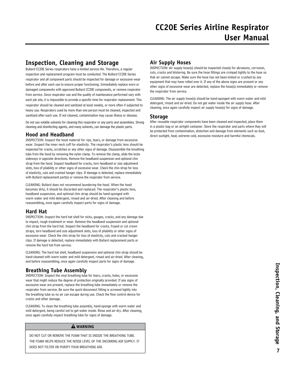 Cc20e series airline respirator user manual, Inspection, cleaning and storage | Bullard CC20E User Manual | Page 7 / 8