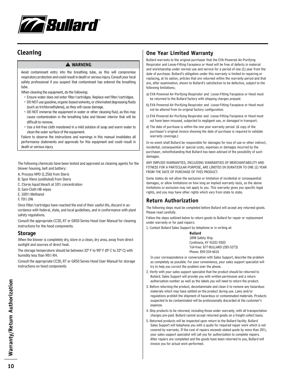 Cleaning, Warranty/return authorization, Storage | One year limited warranty, Return authorization | Bullard EVA User Manual | Page 10 / 12