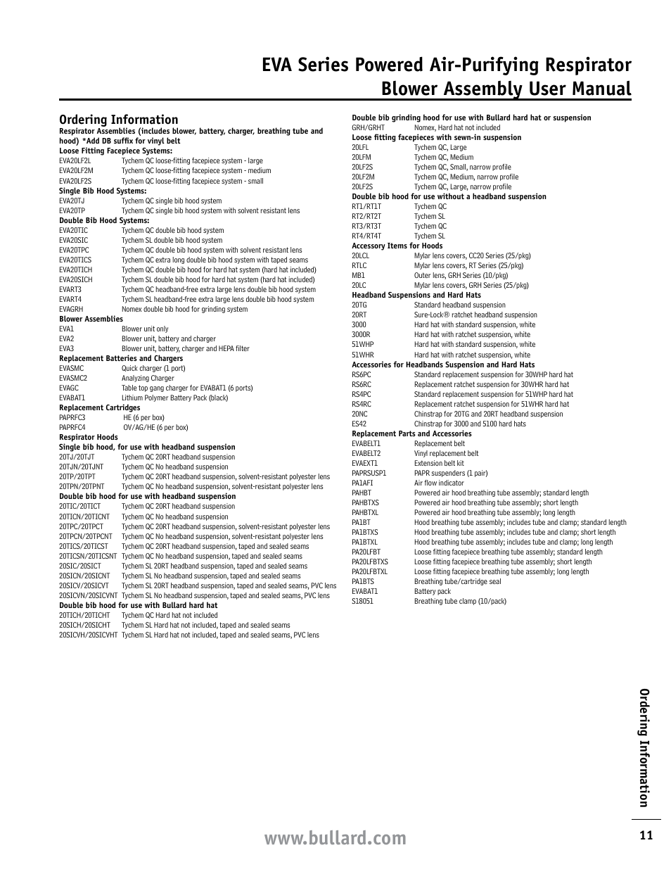 Ordering information, 11 or dering inf ormation | Bullard EVA User Manual | Page 11 / 12