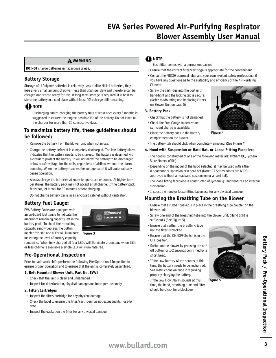 Battery fuel gauge, Pre-operational inspection, Mounting the breathing tube on the blower | Bullard EVA User Manual | Page 3 / 12