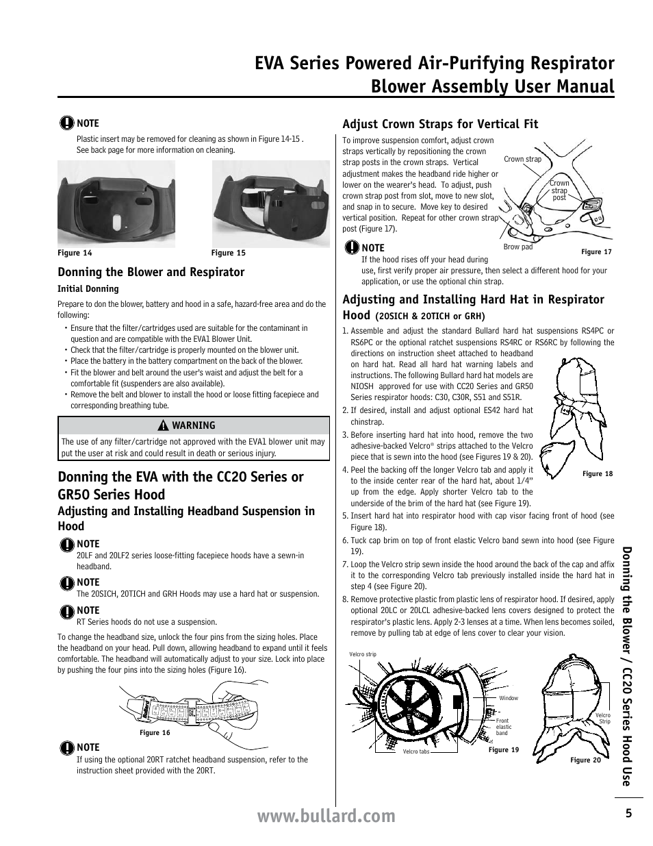 5donning the blo w er / cc20 series hood u se, Donning the blower and respirator, Adjust crown straps for vertical fit | Warning | Bullard EVA User Manual | Page 5 / 12