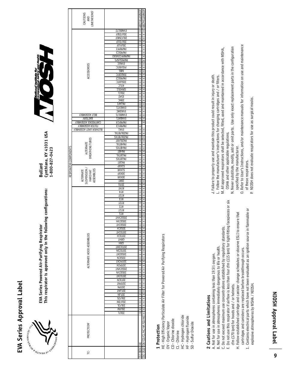 Ev a series appr ov al label, 9niosh appr ov al label, Bullar d | 2 cautions and limitations, 1 pr otection | Bullard EVA User Manual | Page 9 / 12