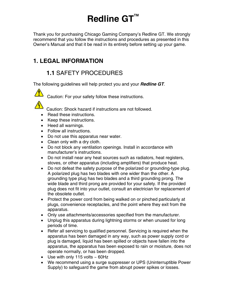 Redline gt, Legal information, 1 safety procedures | Chicago Gaming Redline GT User Manual | Page 2 / 40