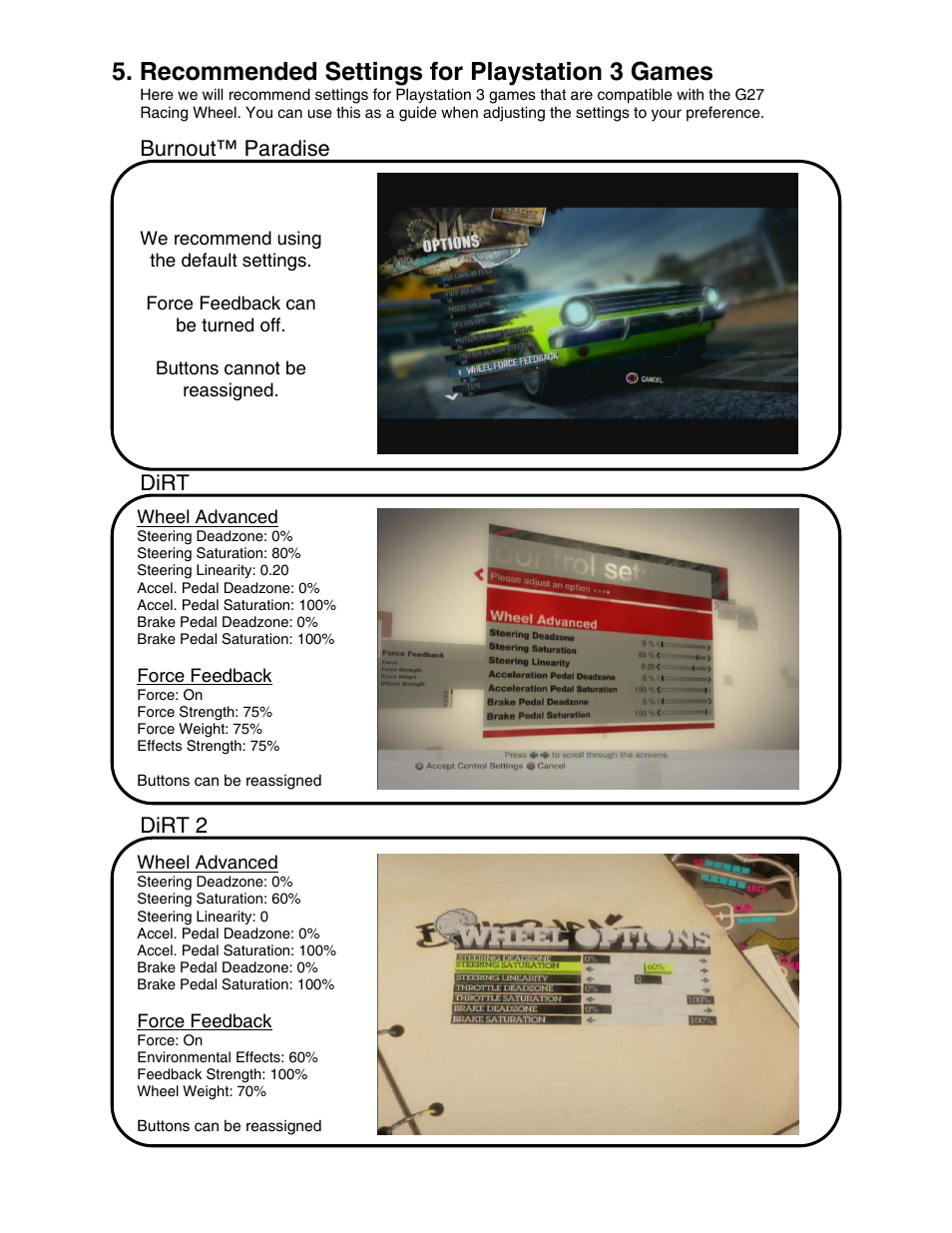 Recommended settings for playstation 3 games, Burnout™ paradise, Dirt | Dirt 2 | Chicago Gaming Redline GT User Manual | Page 29 / 40