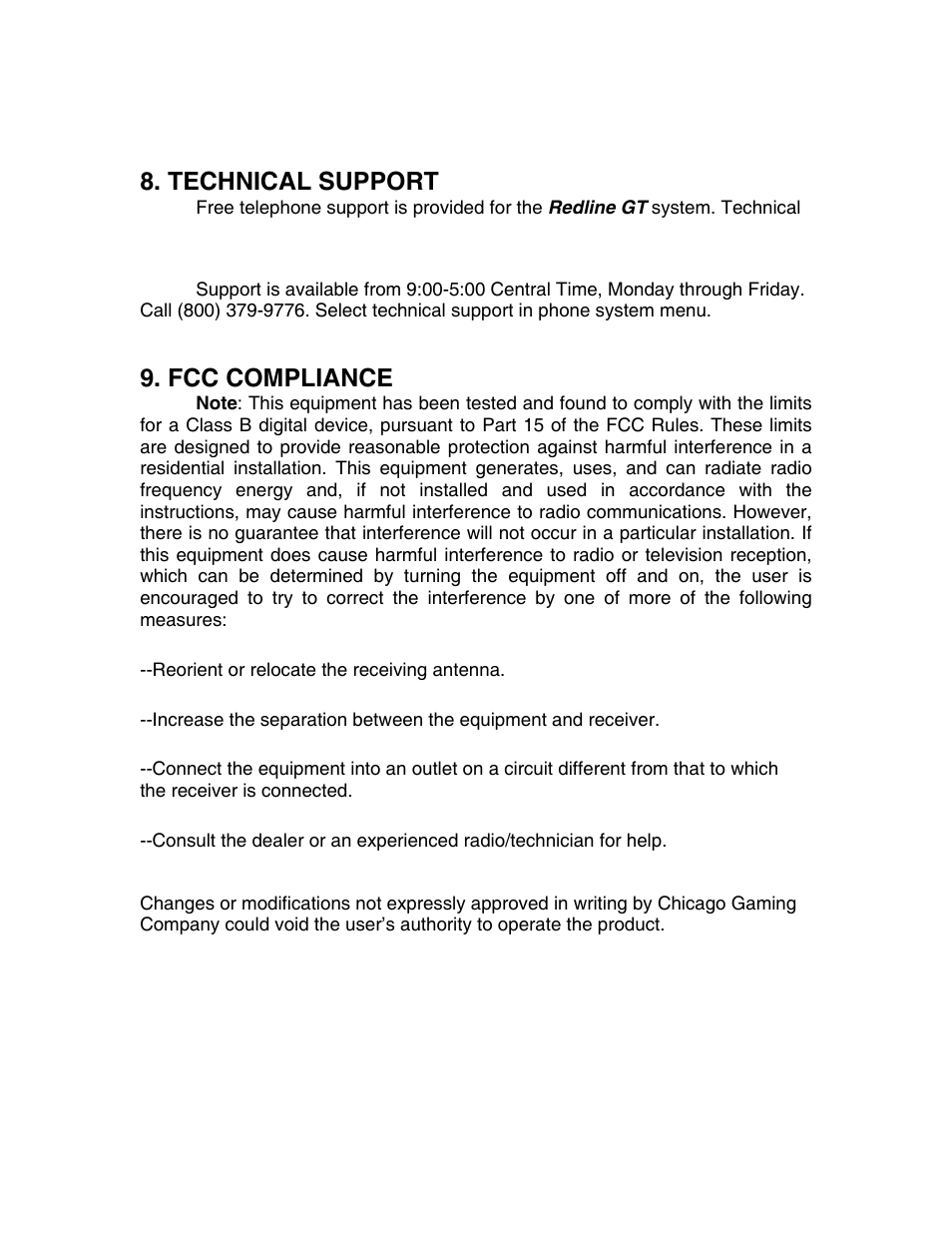 Technical support, Fcc compliance | Chicago Gaming Redline GT User Manual | Page 39 / 40