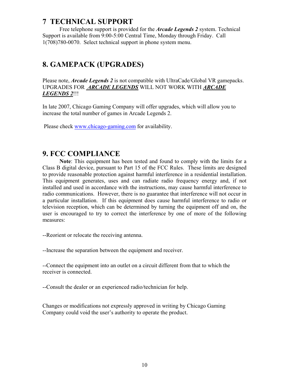 7 technical support, Gamepack (upgrades), Fcc compliance | Chicago Gaming Arcade Legends 2 User Manual | Page 10 / 11
