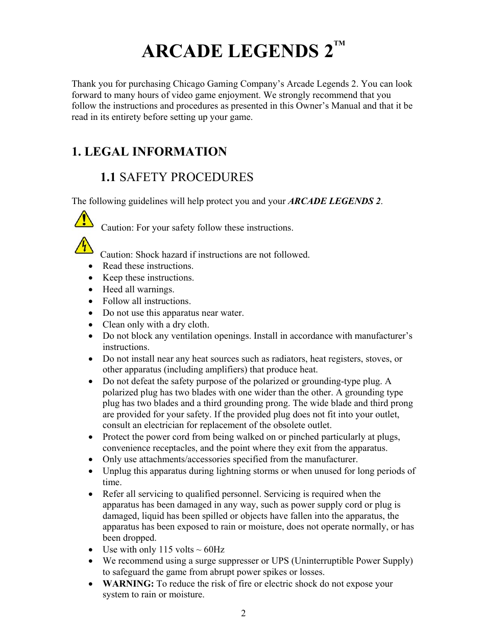 Arcade legends 2, Legal information, 1 safety procedures | Chicago Gaming Arcade Legends 2 User Manual | Page 2 / 11