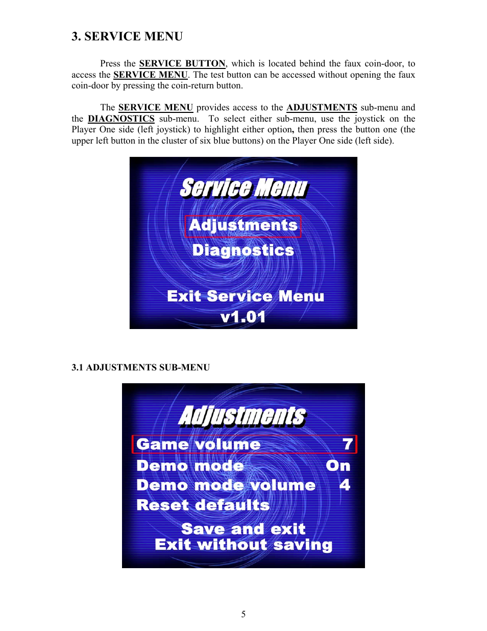 Service menu | Chicago Gaming Arcade Legends 2 User Manual | Page 5 / 11