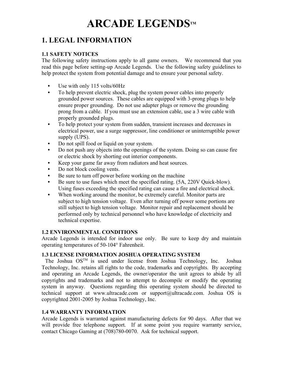 Arcade legends, Legal information | Chicago Gaming Arcade Legends User Manual | Page 2 / 14