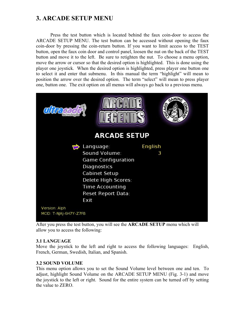 Arcade setup menu | Chicago Gaming Arcade Legends User Manual | Page 4 / 14