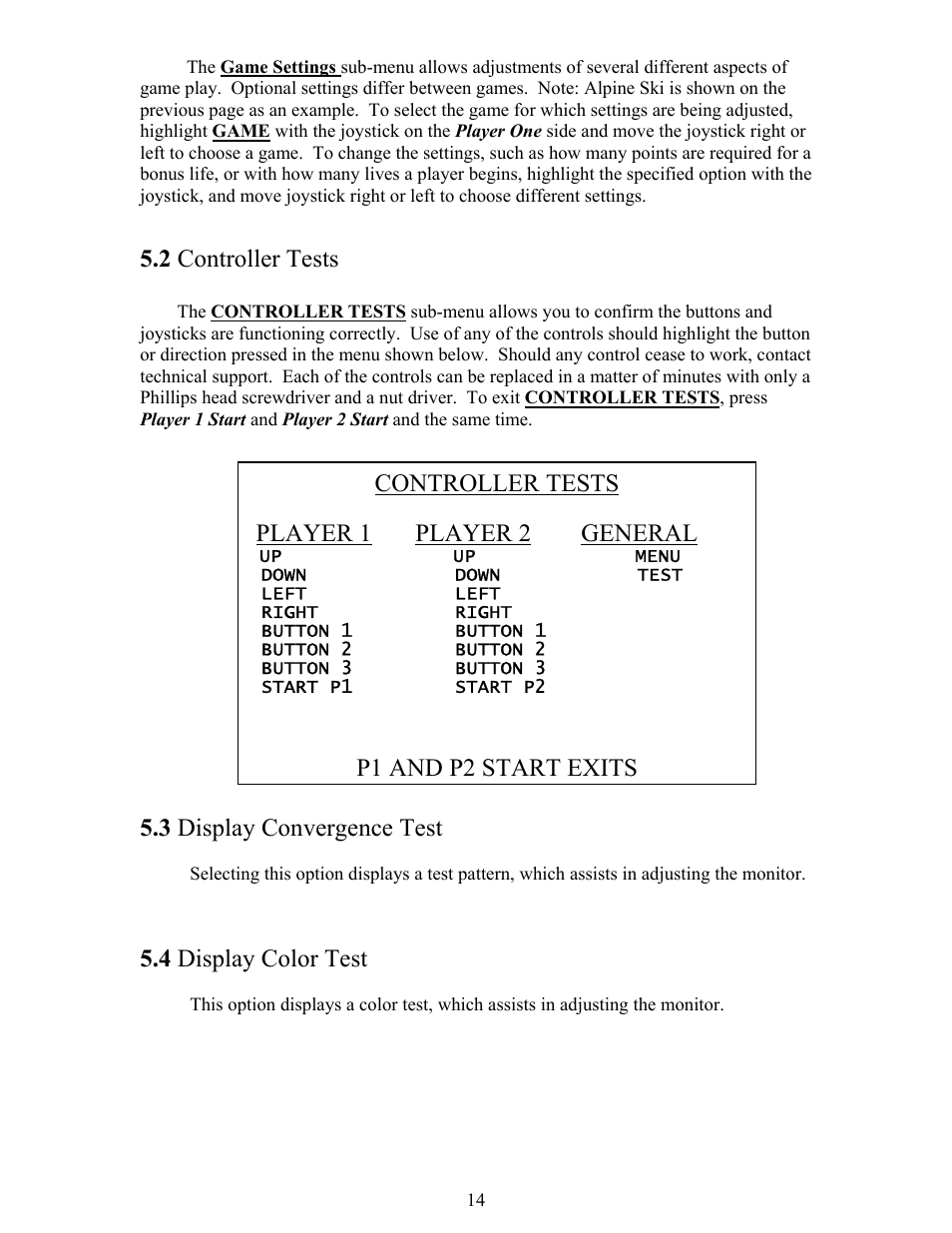 2 controller tests, 3 display convergence test, 4 display color test | Controller tests, Player 1 player 2 general, P1 and p2 start exits | Chicago Gaming Extreme Arcade User Manual | Page 14 / 18