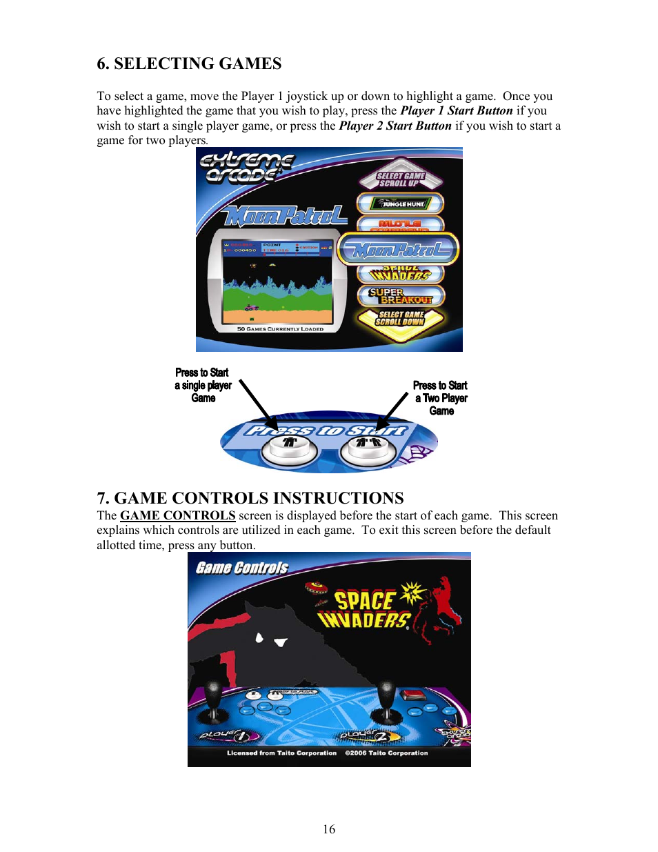 Selecting games, Game controls instructions | Chicago Gaming Extreme Arcade User Manual | Page 16 / 18