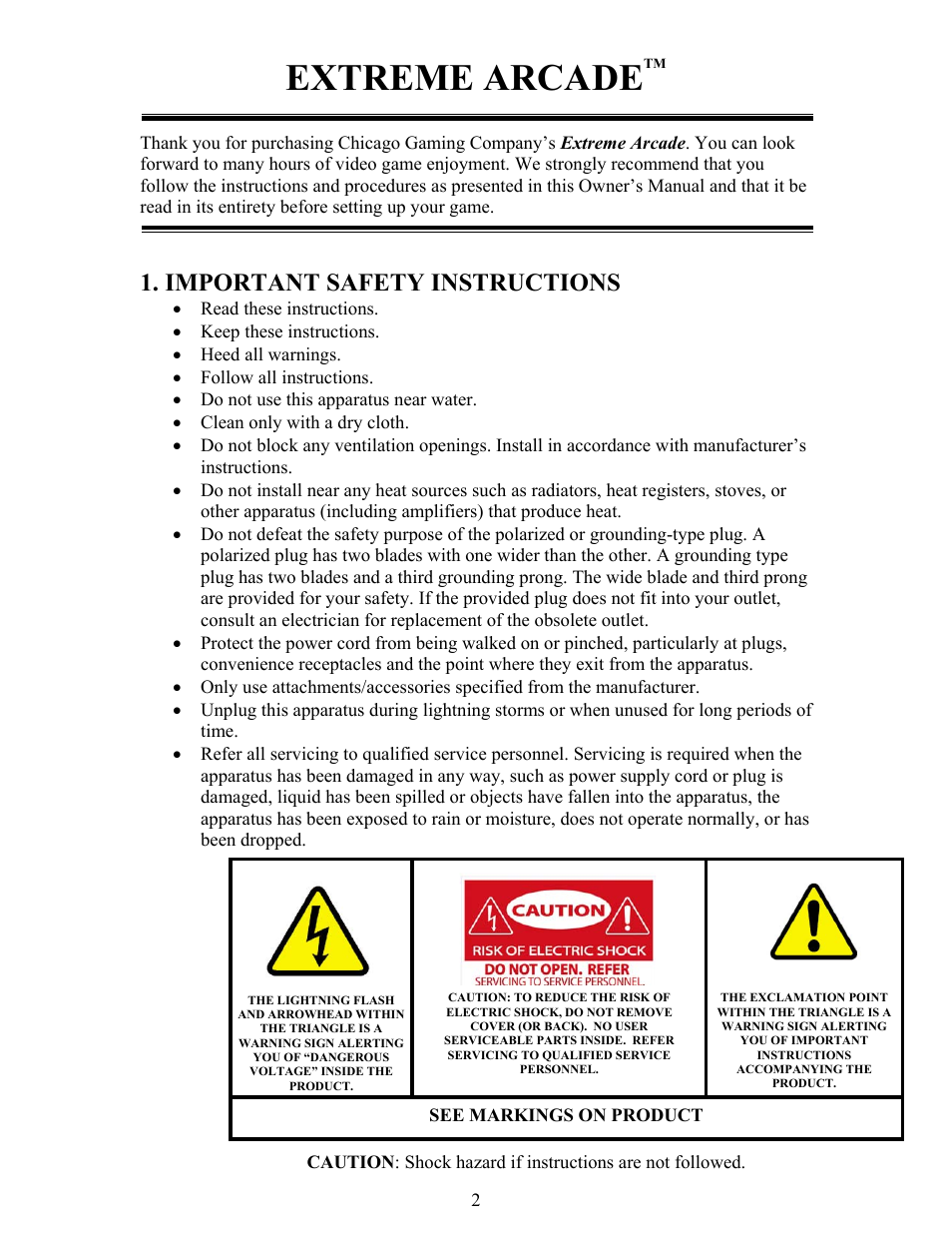 Extreme arcade, Important safety instructions | Chicago Gaming Extreme Arcade User Manual | Page 2 / 18