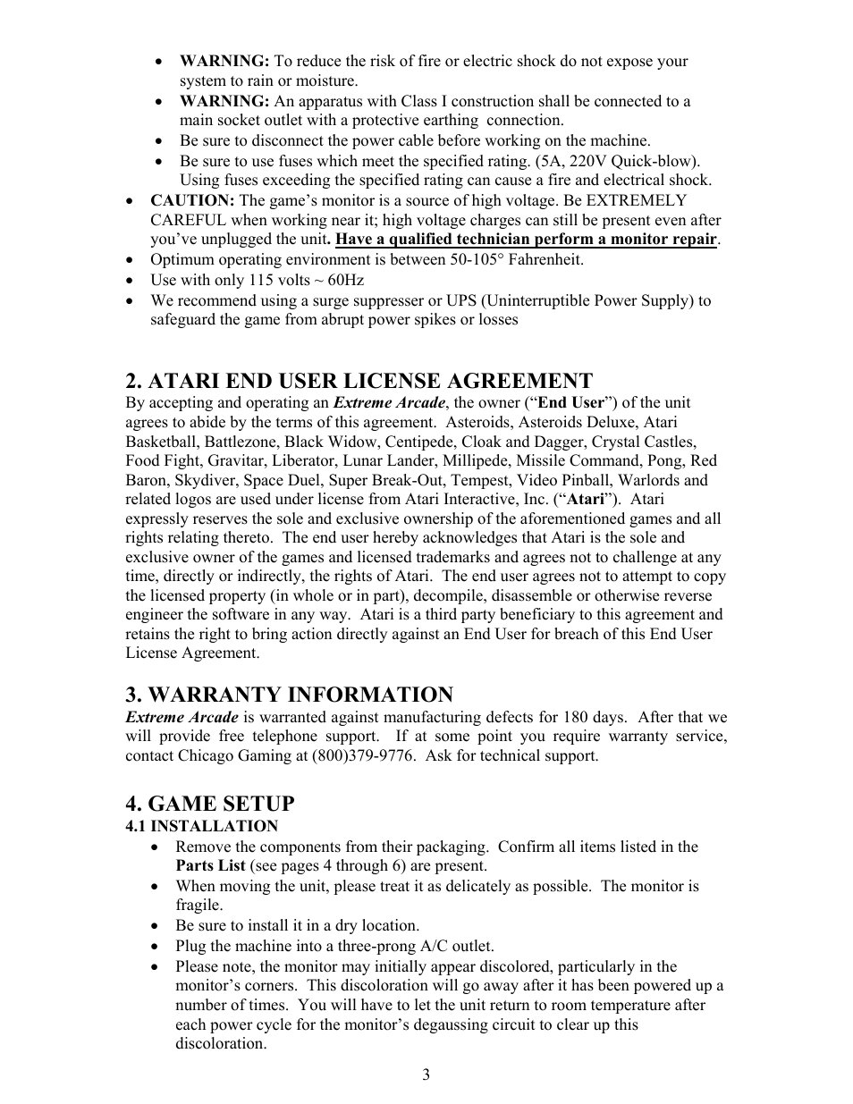 Atari end user license agreement, Warranty information, Game setup | Chicago Gaming Extreme Arcade User Manual | Page 3 / 18