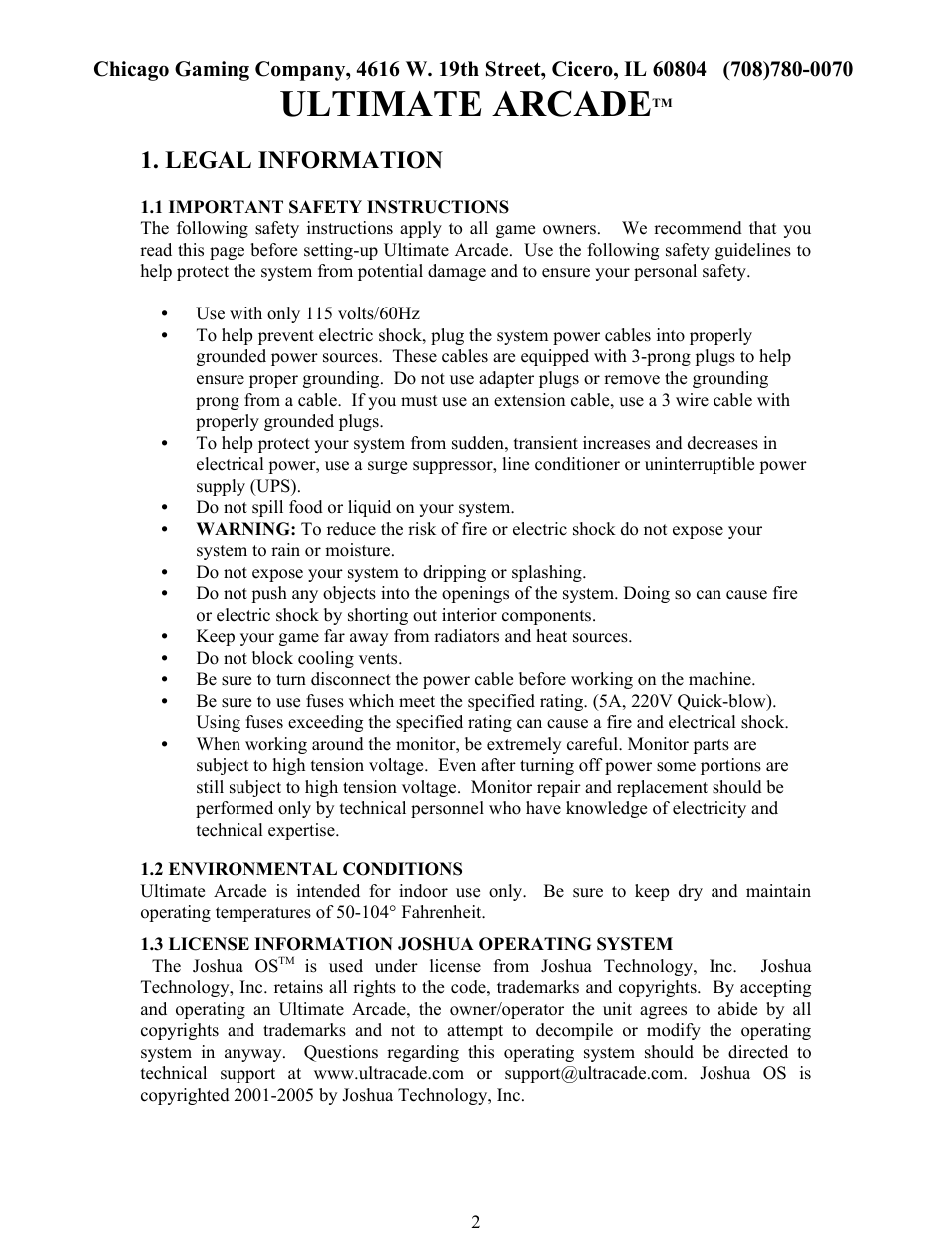 Ultimate arcade, Legal information | Chicago Gaming Ultimate Arcade User Manual | Page 2 / 13