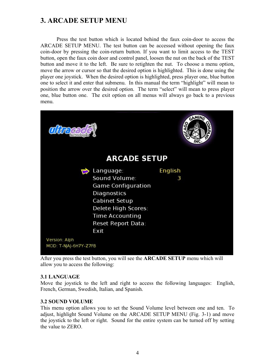 Arcade setup menu | Chicago Gaming Ultimate Arcade User Manual | Page 4 / 13