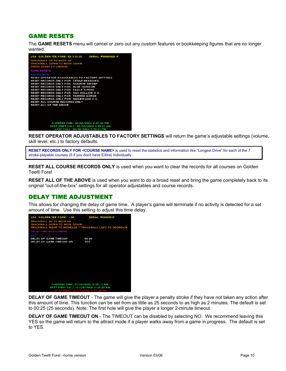 Game resets, Delay time adjustment | Chicago Gaming Golden Tee Fore! User Manual | Page 10 / 27