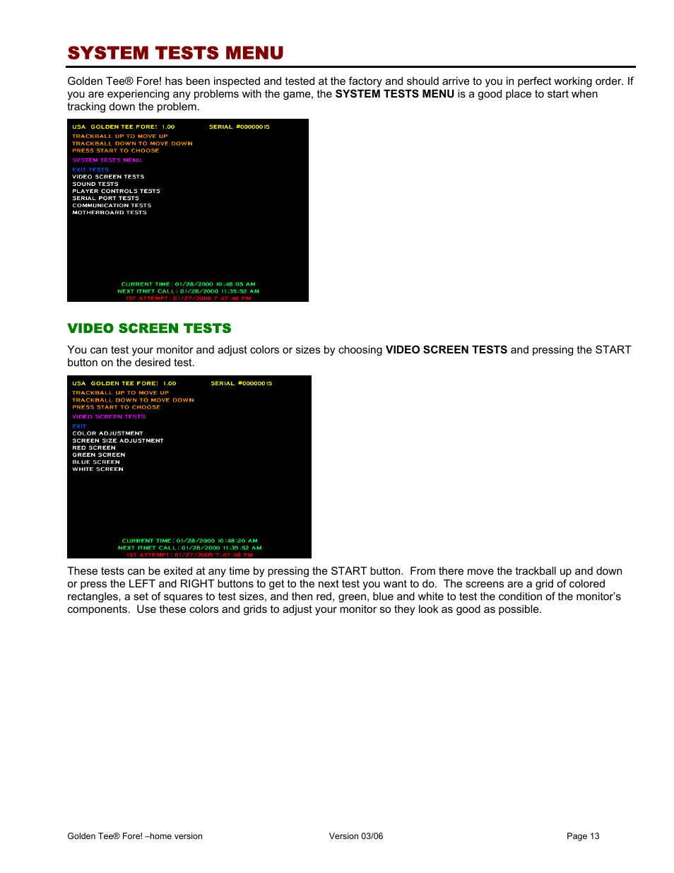 System tests menu | Chicago Gaming Golden Tee Fore! User Manual | Page 13 / 27