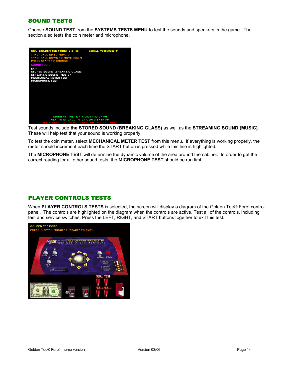 Sound tests, Player controls tests | Chicago Gaming Golden Tee Fore! User Manual | Page 14 / 27