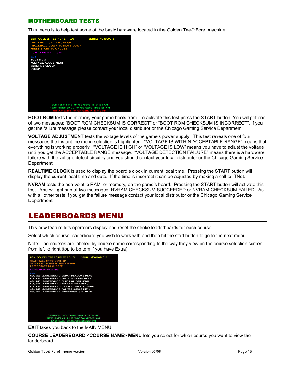 Leaderboards menu, Motherboard tests | Chicago Gaming Golden Tee Fore! User Manual | Page 15 / 27
