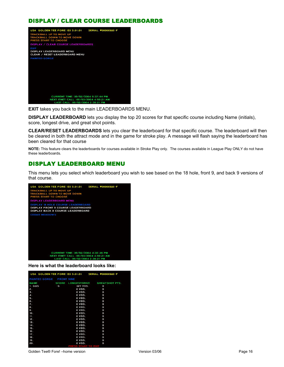 Display / clear course leaderboards, Display leaderboard menu | Chicago Gaming Golden Tee Fore! User Manual | Page 16 / 27