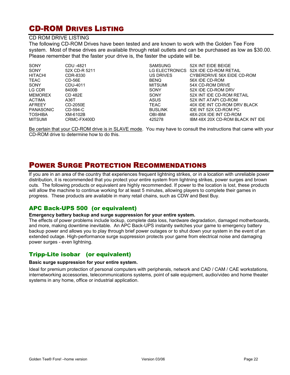 Cd-rom d, Rives, Isting | Ower, Urge, Rotection, Ecommendations | Chicago Gaming Golden Tee Fore! User Manual | Page 22 / 27