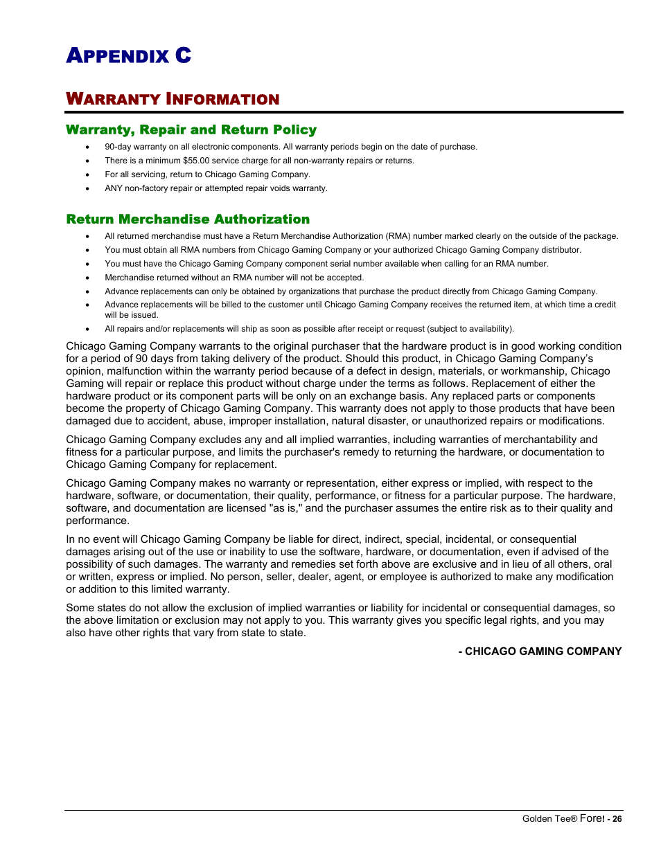 Ppendix, Arranty, Nformation | Chicago Gaming Golden Tee Fore! User Manual | Page 26 / 27