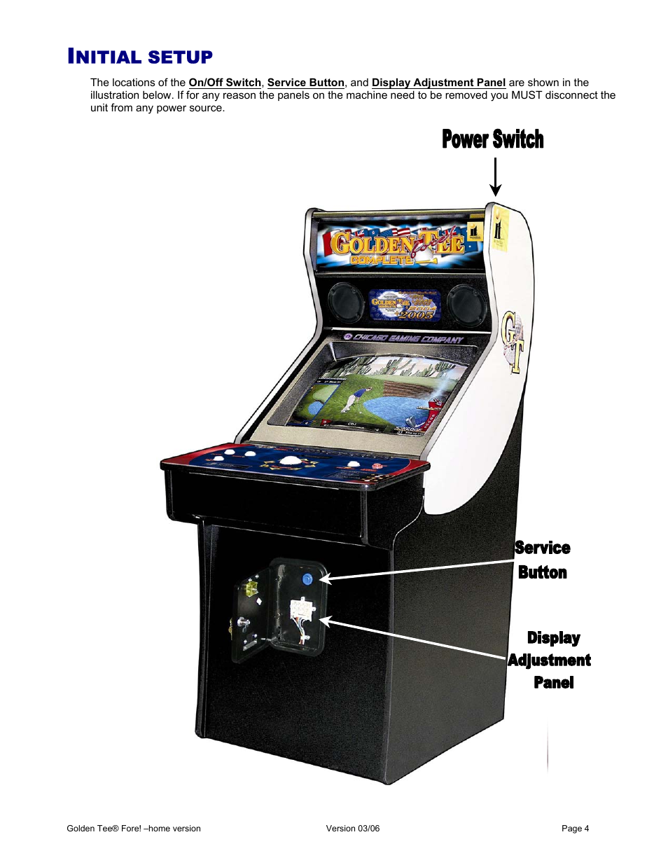 Nitial setup | Chicago Gaming Golden Tee Fore! User Manual | Page 4 / 27