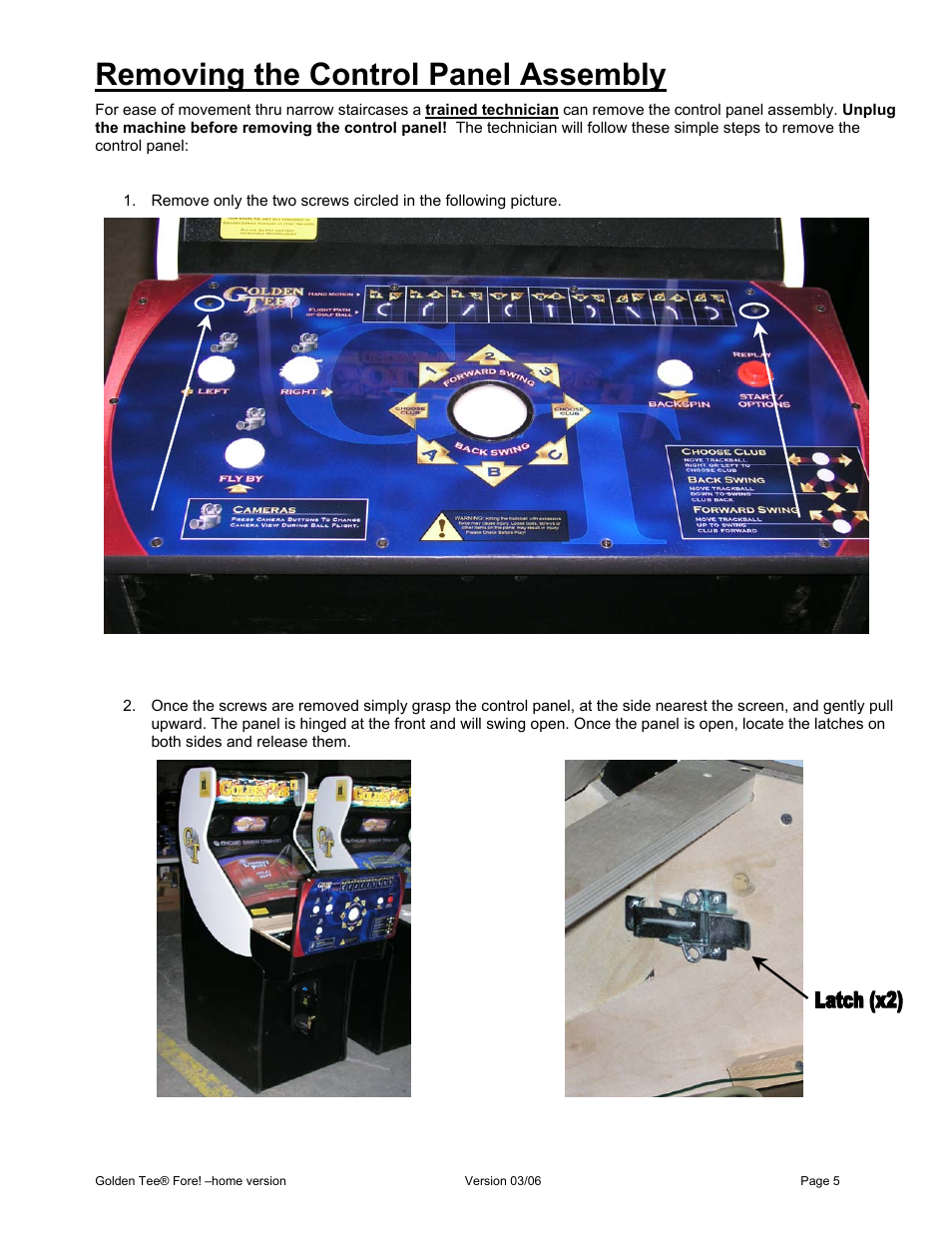 Removing the control panel assembly | Chicago Gaming Golden Tee Fore! User Manual | Page 5 / 27