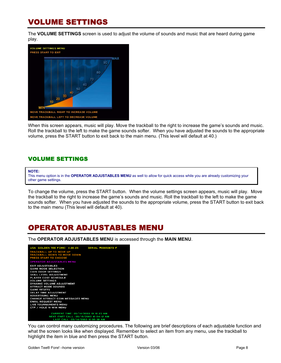 Volume settings, Operator adjustables menu | Chicago Gaming Golden Tee Fore! User Manual | Page 8 / 27