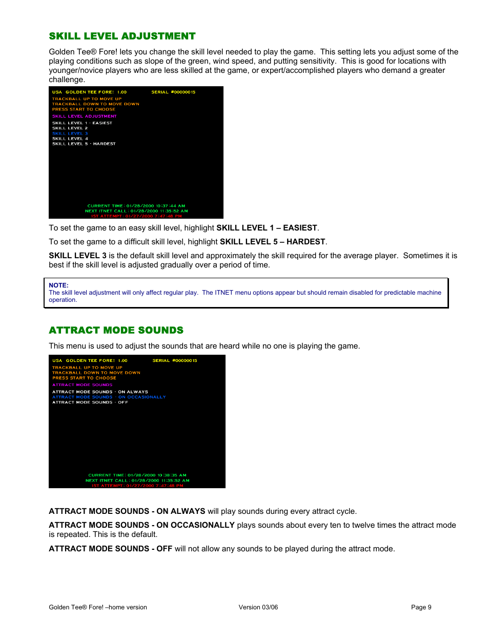 Skill level adjustment, Attract mode sounds | Chicago Gaming Golden Tee Fore! User Manual | Page 9 / 27