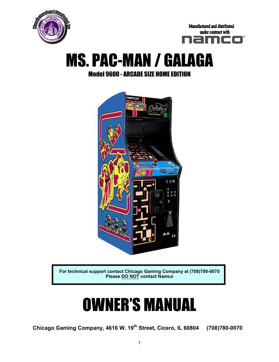 Chicago Gaming Ms Pac-Man/Galaga User Manual | 12 pages
