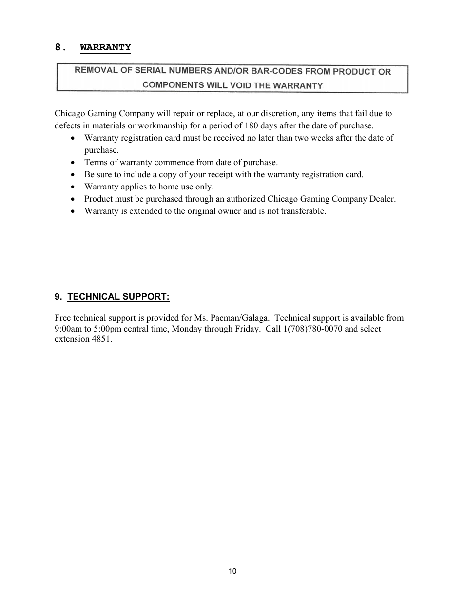 Warranty | Chicago Gaming Ms Pac-Man/Galaga User Manual | Page 10 / 12