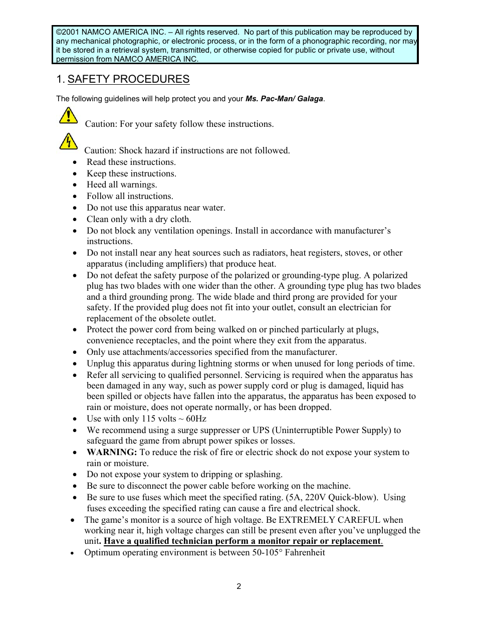 Safety procedures | Chicago Gaming Ms Pac-Man/Galaga User Manual | Page 2 / 12