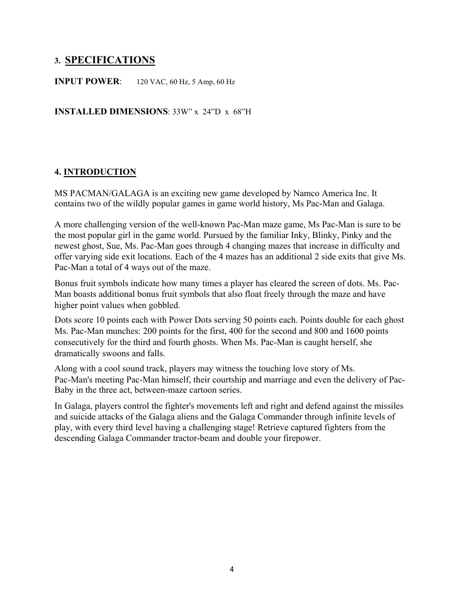 Specifications | Chicago Gaming Ms Pac-Man/Galaga User Manual | Page 4 / 12