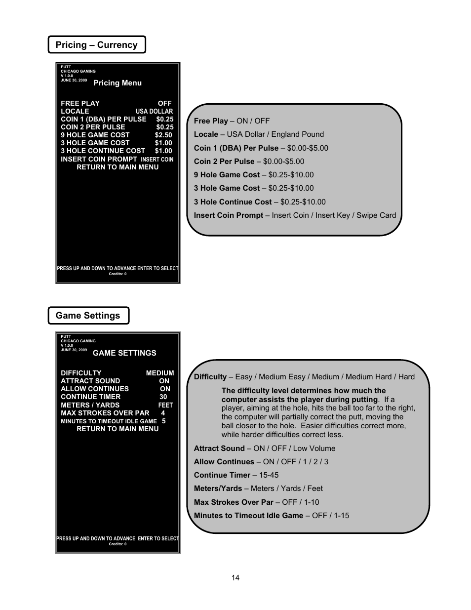 Game settings pricing – currency | Chicago Gaming Putt! Championship User Manual | Page 14 / 45