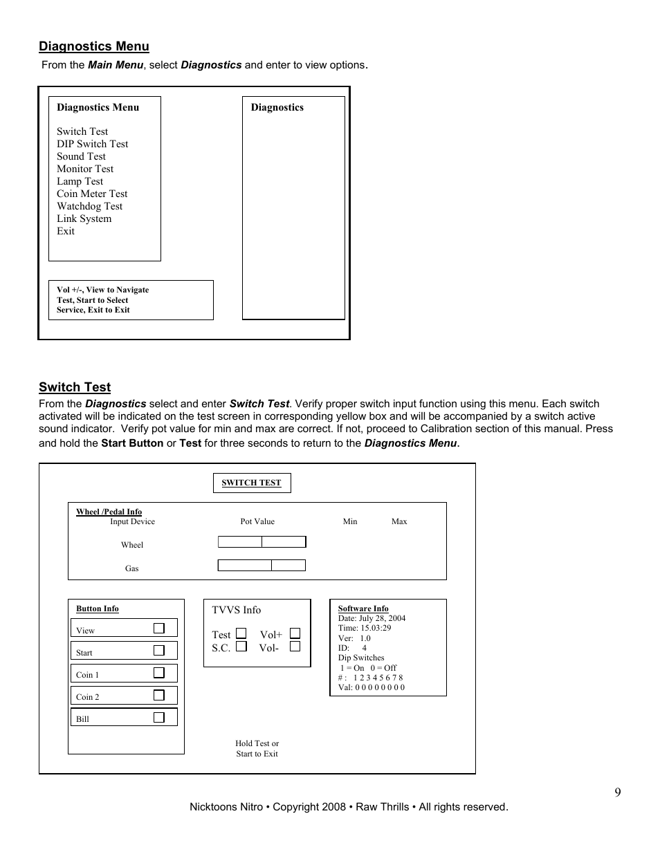 9 diagnostics menu, Switch test | Chicago Gaming Nicktoons Nitro User Manual | Page 9 / 54