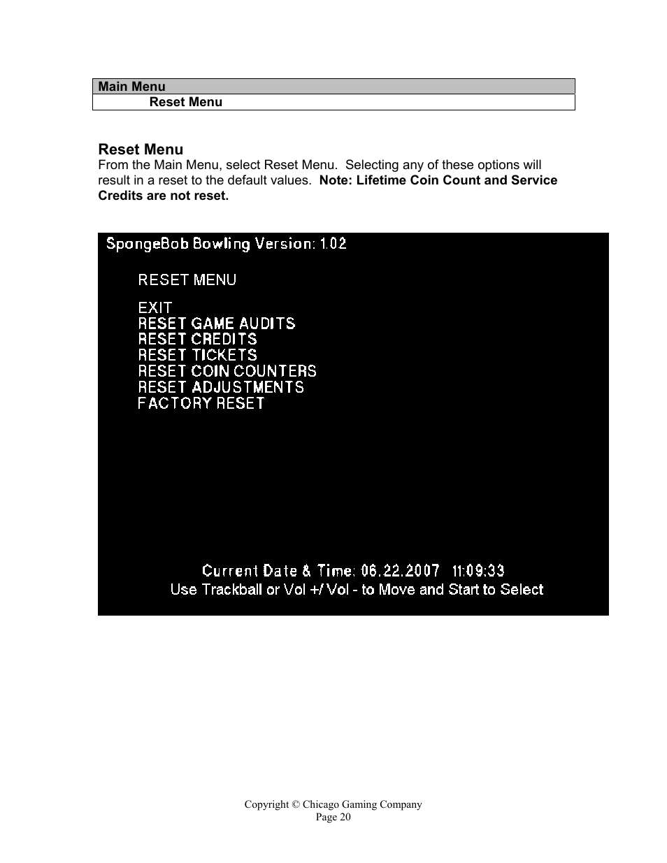 Reset menu | Chicago Gaming Bikini Bottom Bowling User Manual | Page 20 / 42