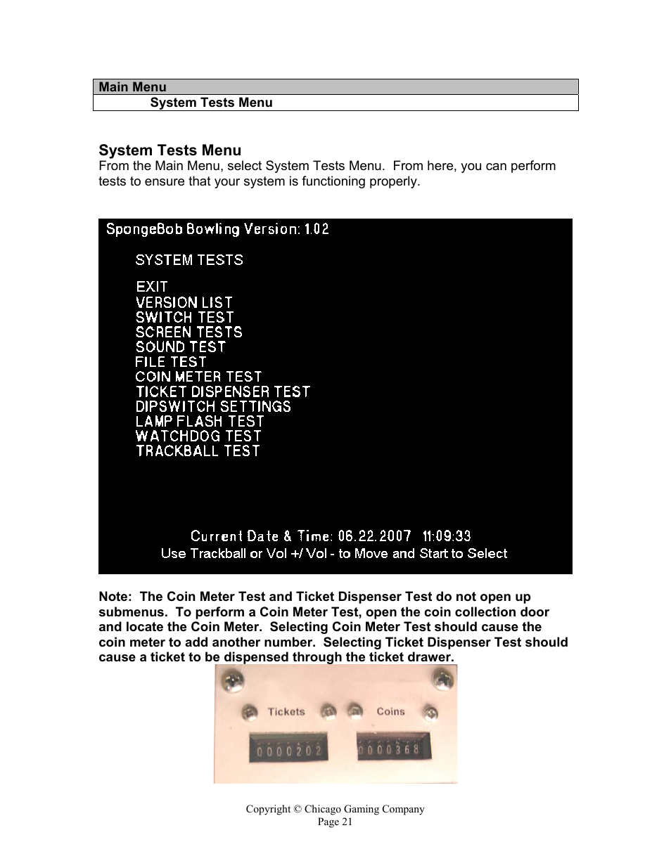 System tests menu | Chicago Gaming Bikini Bottom Bowling User Manual | Page 21 / 42