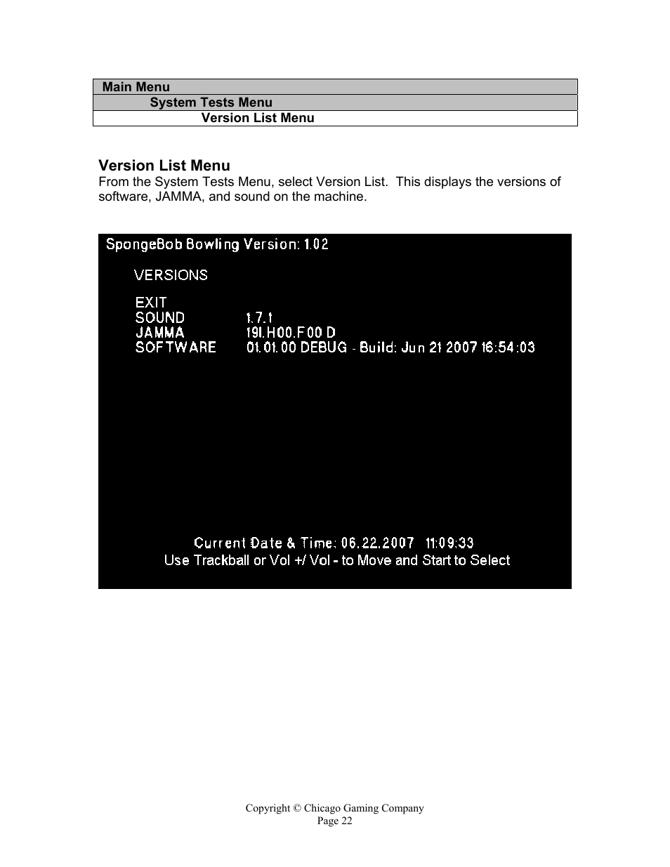 Version list menu | Chicago Gaming Bikini Bottom Bowling User Manual | Page 22 / 42