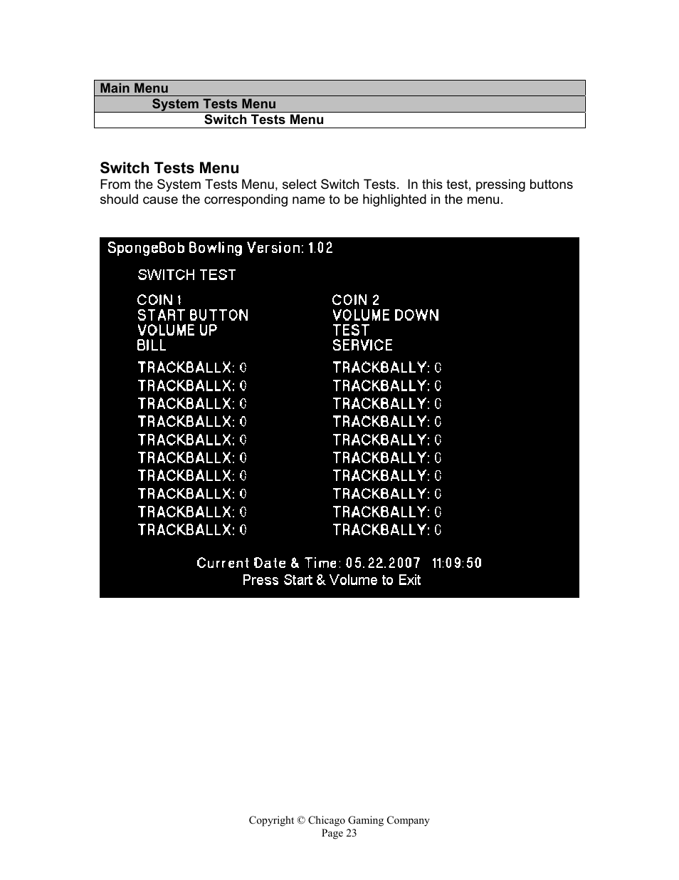 Switch tests menu | Chicago Gaming Bikini Bottom Bowling User Manual | Page 23 / 42