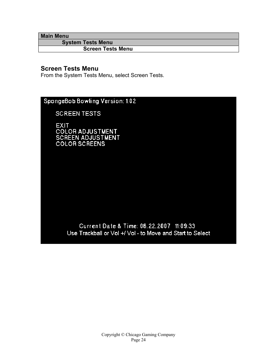 Screen tests menu | Chicago Gaming Bikini Bottom Bowling User Manual | Page 24 / 42