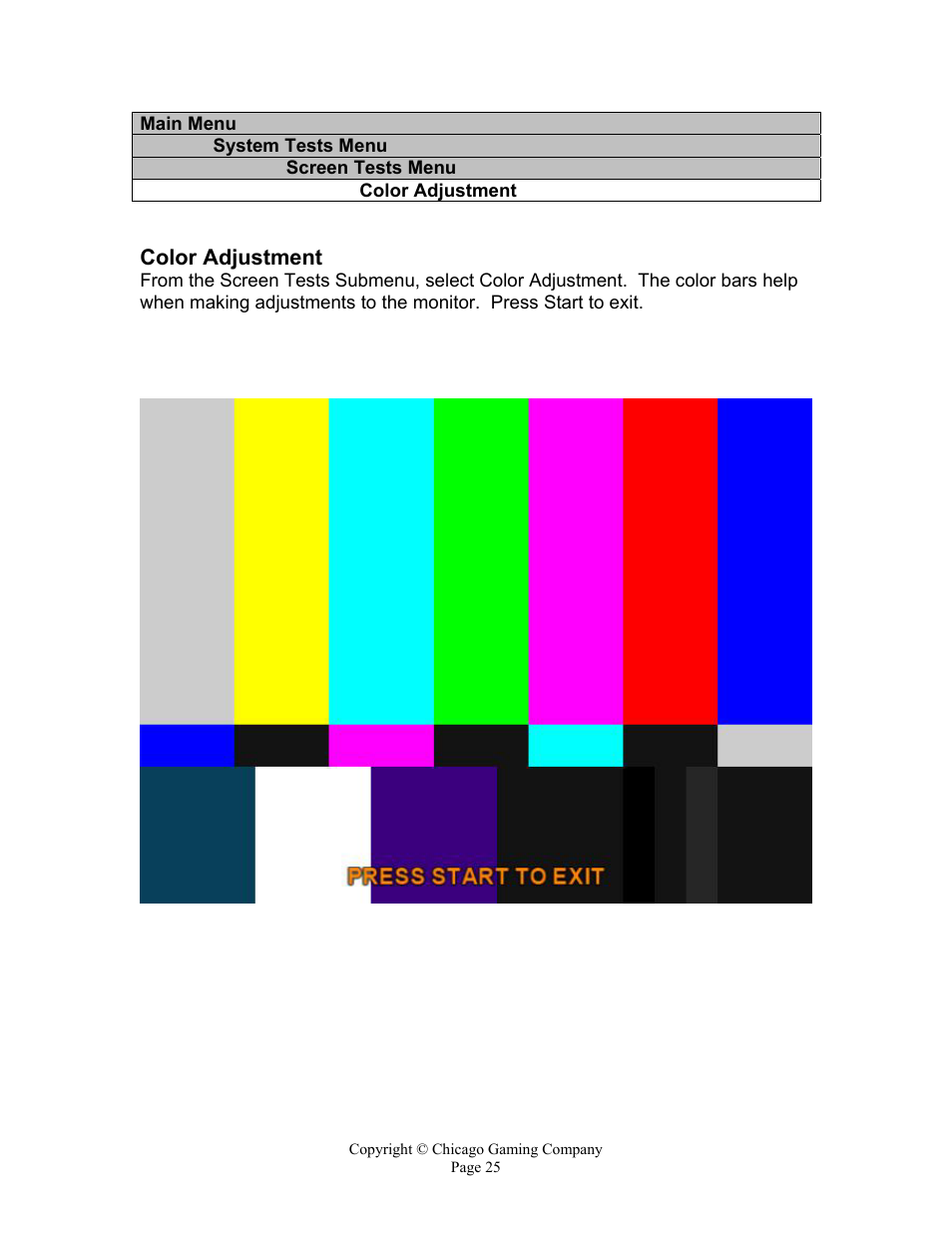 Color adjustment | Chicago Gaming Bikini Bottom Bowling User Manual | Page 25 / 42