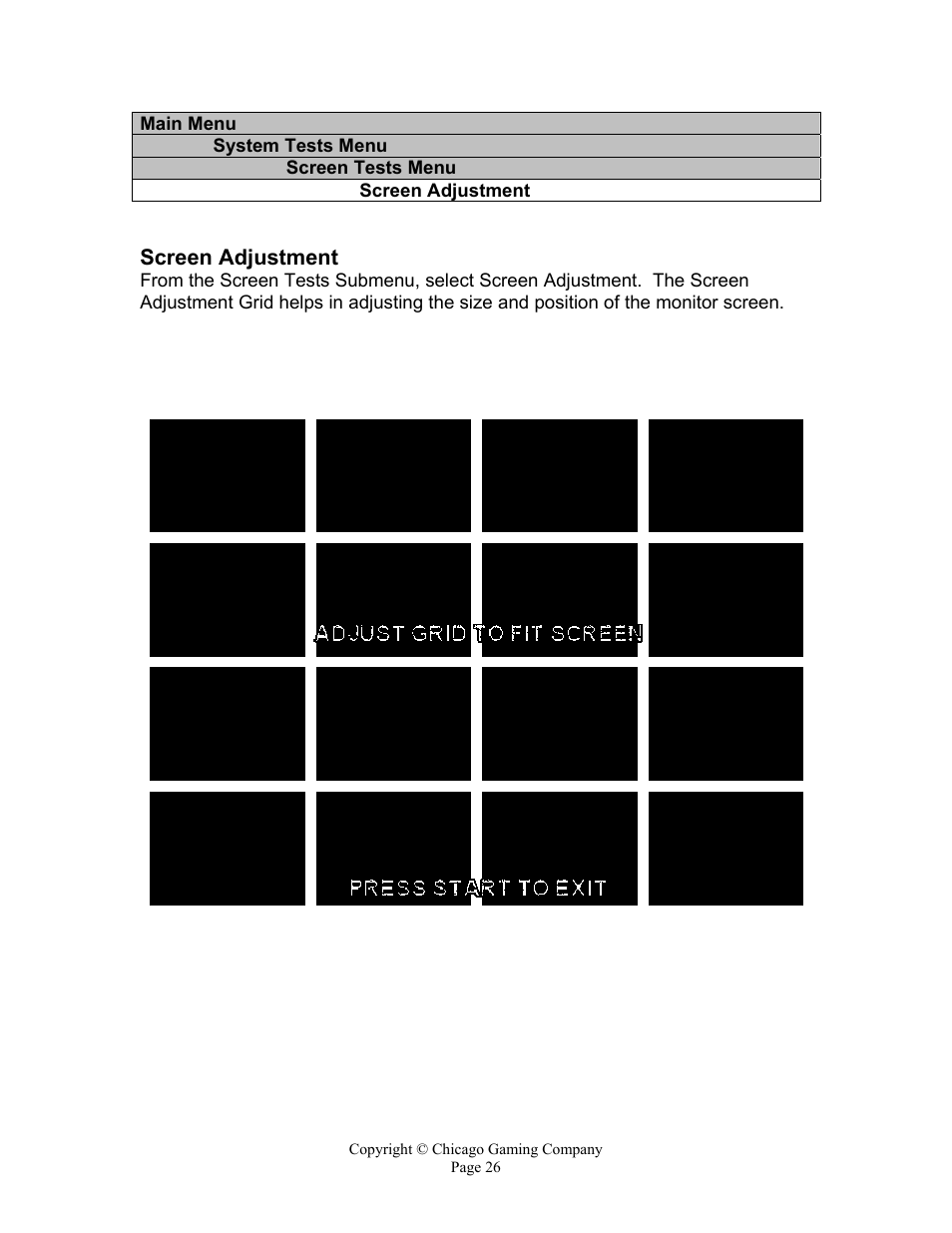 Screen adjustment | Chicago Gaming Bikini Bottom Bowling User Manual | Page 26 / 42