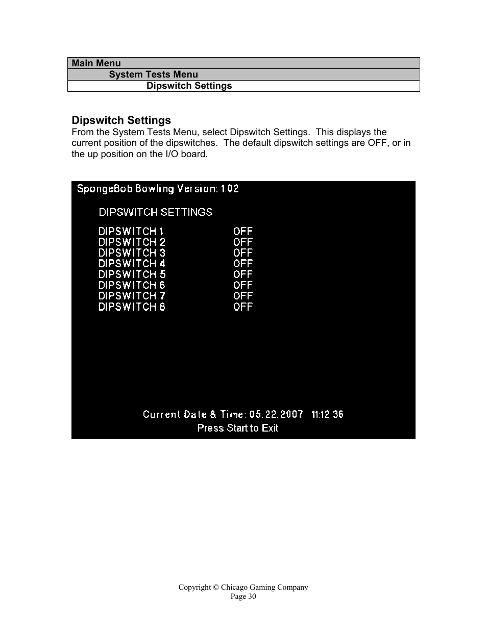 Dipswitch settings | Chicago Gaming Bikini Bottom Bowling User Manual | Page 30 / 42